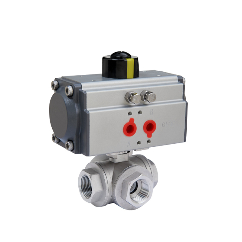 Three way high platform pneumatic threaded stainless steel ball valve